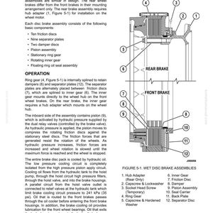 K&ouml;nnte beinhalten: Diagramm einer Nassscheibenbremse, das Komponenten wie Reibscheiben, Trennplatten und Kolbenbaugruppe detailliert. Enth&auml;lt Beschriftungen f&uuml;r Nabenadapter, Ringrad und andere Teile. Text erkl&auml;rt Funktion und Betrieb der Baugruppe.