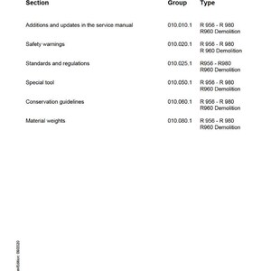 May include: A white service manual page with the title "SUBGROUP - INDEX". The document lists sections like "Safety warnings" and "Material weights", with corresponding group and type codes. The Liebherr logo is at the bottom.