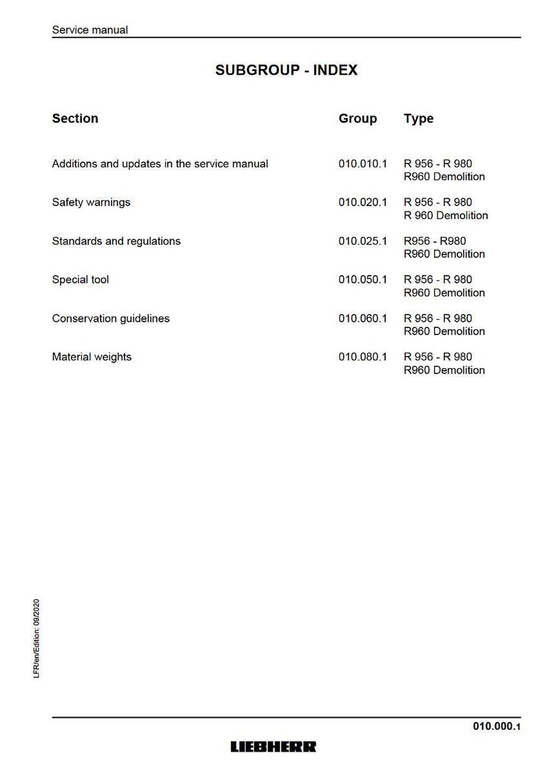 May include: A white service manual page with the title "SUBGROUP - INDEX". The document lists sections like "Safety warnings" and "Material weights", with corresponding group and type codes. The Liebherr logo is at the bottom.