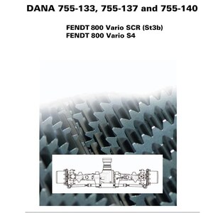 May include: A technical diagram with text in multiple languages, including "Tractor steering axle" and "DANA 755-133, 755-137 and 755-140." The image features a detailed illustration of mechanical components, with a gear-like pattern in the background and the FENDT logo.