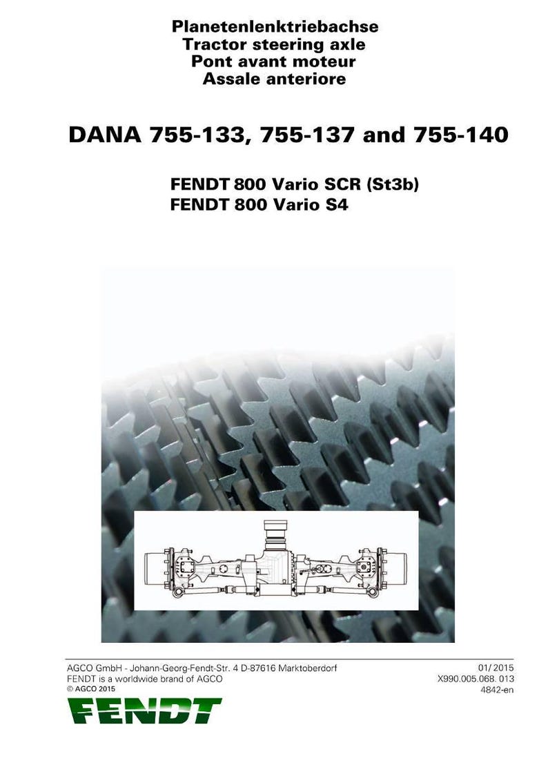 May include: A technical diagram with text in multiple languages, including "Tractor steering axle" and "DANA 755-133, 755-137 and 755-140." The image features a detailed illustration of mechanical components, with a gear-like pattern in the background and the FENDT logo.