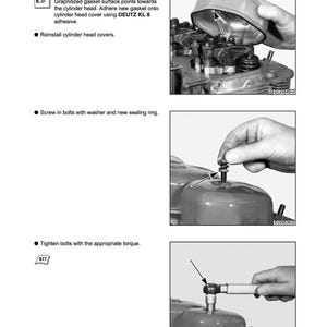 Puede incluir: Un diagrama t&eacute;cnico de DEUTZ, titulado "Cylinder Head Work Card W 1-1-1". La imagen muestra los pasos para el montaje de la culata: aplicaci&oacute;n de la junta, inserci&oacute;n de los pernos con arandelas y apriete con par. El diagrama incluye texto y flechas.