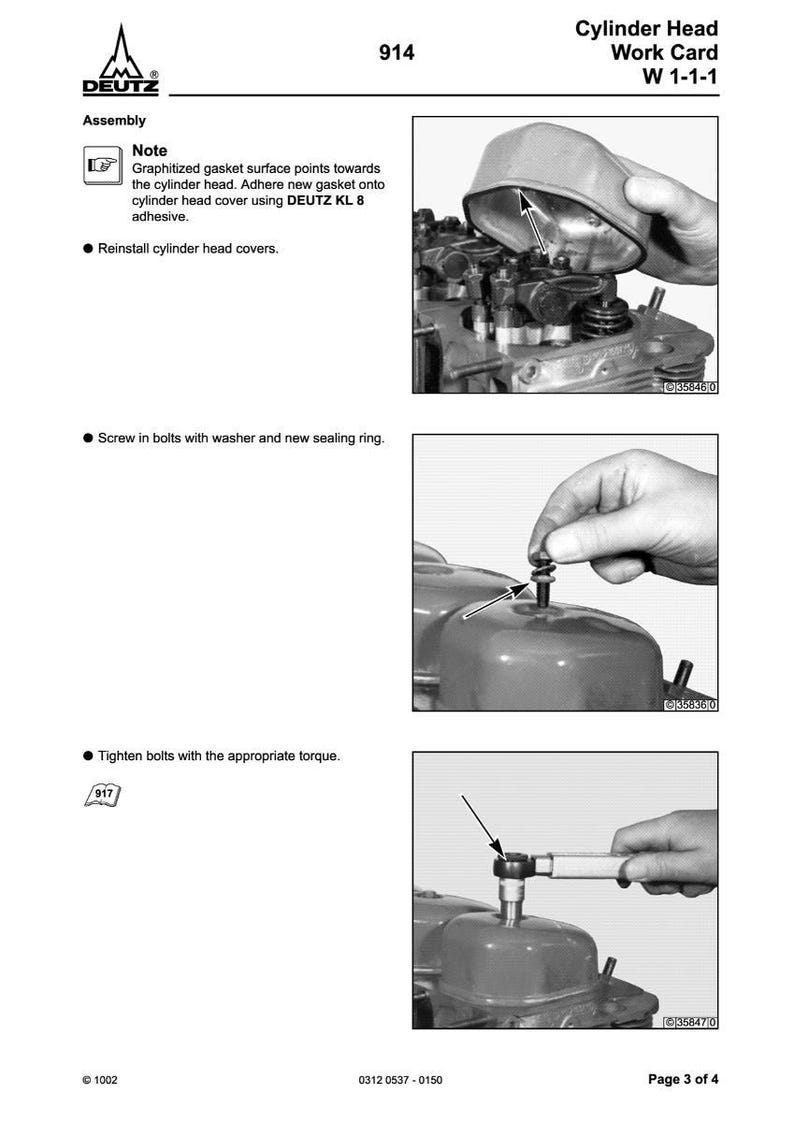 Puede incluir: Un diagrama t&eacute;cnico de DEUTZ, titulado "Cylinder Head Work Card W 1-1-1". La imagen muestra los pasos para el montaje de la culata: aplicaci&oacute;n de la junta, inserci&oacute;n de los pernos con arandelas y apriete con par. El diagrama incluye texto y flechas.