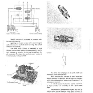 May include: Diagram of a main controller and drive fuse, with labels and schematics. Includes a diagram of the FR controller, a drive fuse, and a diagram of a contact and coil. Text includes "Komatsu Battery Forklift".