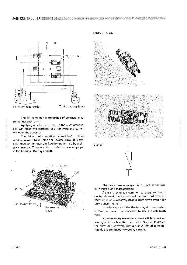 May include: Diagram of a main controller and drive fuse, with labels and schematics. Includes a diagram of the FR controller, a drive fuse, and a diagram of a contact and coil. Text includes "Komatsu Battery Forklift".
