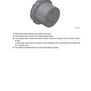 Puede incluir: Ilustraci&oacute;n de un reductor, un componente mec&aacute;nico. El engranaje es cil&iacute;ndrico con una serie de dientes alrededor del borde exterior. El texto en la parte superior dice "5) REDUCTION GEAR". Se proporcionan detalles t&eacute;cnicos adicionales.
