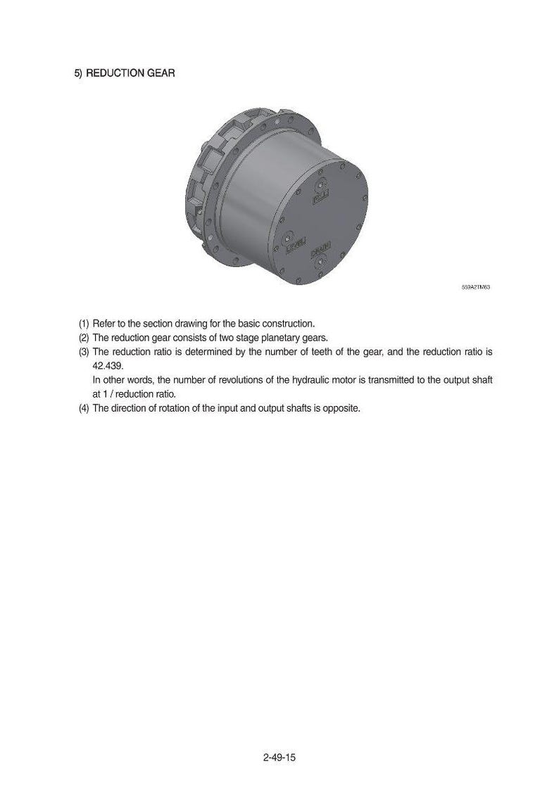Puede incluir: Ilustraci&oacute;n de un reductor, un componente mec&aacute;nico. El engranaje es cil&iacute;ndrico con una serie de dientes alrededor del borde exterior. El texto en la parte superior dice "5) REDUCTION GEAR". Se proporcionan detalles t&eacute;cnicos adicionales.