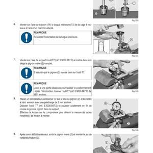 Może przedstawiać: Schemat krok&oacute;w montażu mechanicznego, w tym narzędzi i komponent&oacute;w. Instrukcje tekstowe towarzyszą ilustracjom montowanych części. Zawiera czujnik zegarowy do precyzyjnych pomiar&oacute;w. Obraz jest czarno-biały.