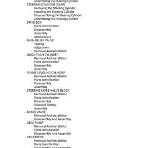 May include: A white document detailing mechanical procedures. Sections include "Steering Cylinder," "Drive Box," and "Brake Valve," with steps such as "Removal and Installation" and "Disassembly."