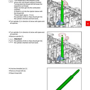 May include: Diagram of a cylinder head with instructions for spindle insertion and thread drilling. The image includes detailed illustrations with arrows and labels, and the text "Attention!" is visible.