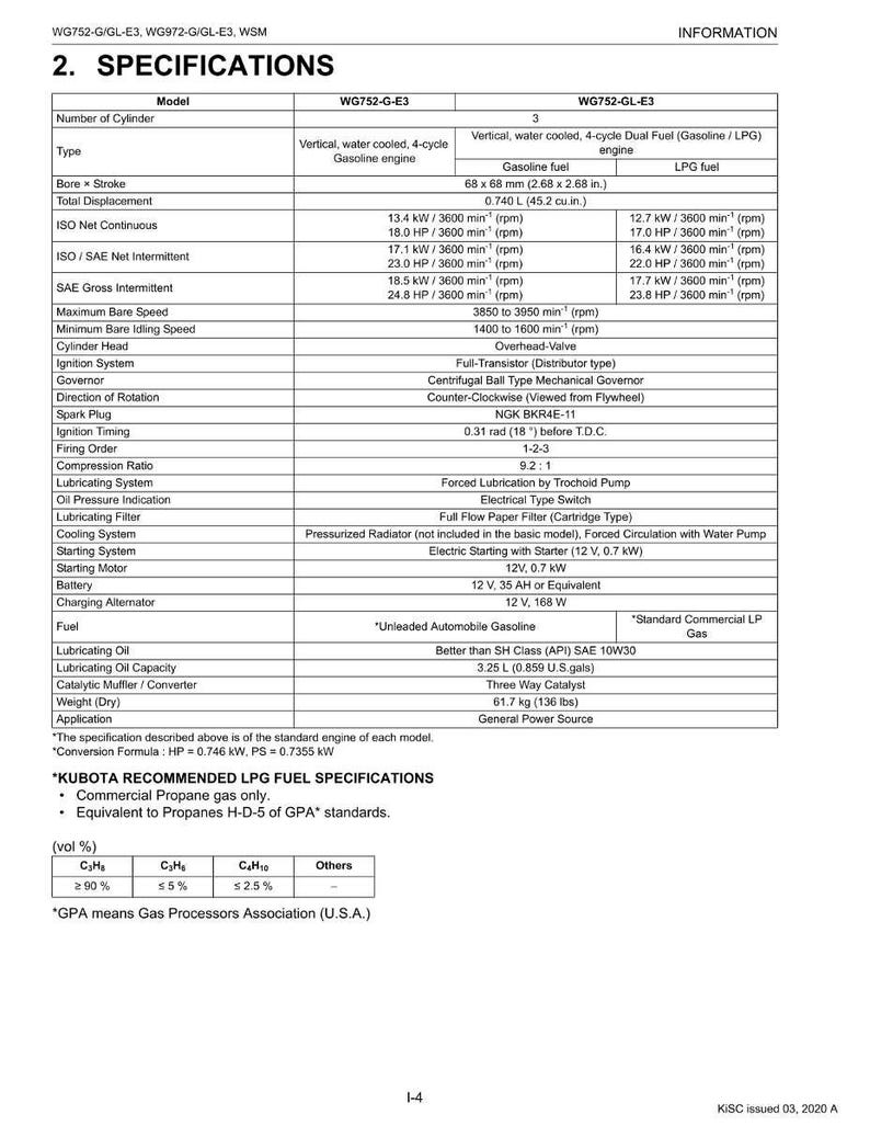 May include: A technical specifications document detailing the WG752-G-E3 and WG752-GL-E3 engines. It provides data on engine dimensions (68 x 68 mm), power output, and fuel types. The document also lists engine components and performance characteristics.