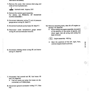 May include: A page from a manual detailing the removal of an engine assembly. The text includes numbered steps, diagrams, and warnings. The engine assembly weighs 450 kg.