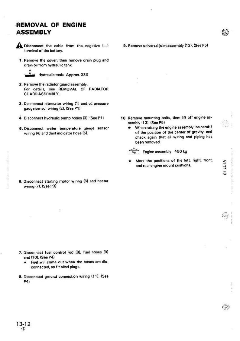May include: A page from a manual detailing the removal of an engine assembly. The text includes numbered steps, diagrams, and warnings. The engine assembly weighs 450 kg.