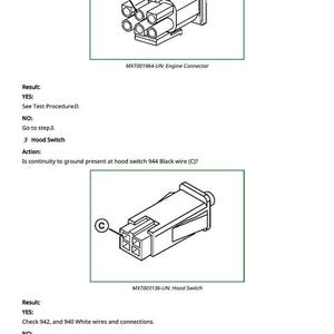 May include: Diagram of two automotive connectors, labeled "Engine Connector" and "Hood Switch." The "Engine Connector" has multiple circular openings. The "Hood Switch" has four square openings. Text provides testing instructions.