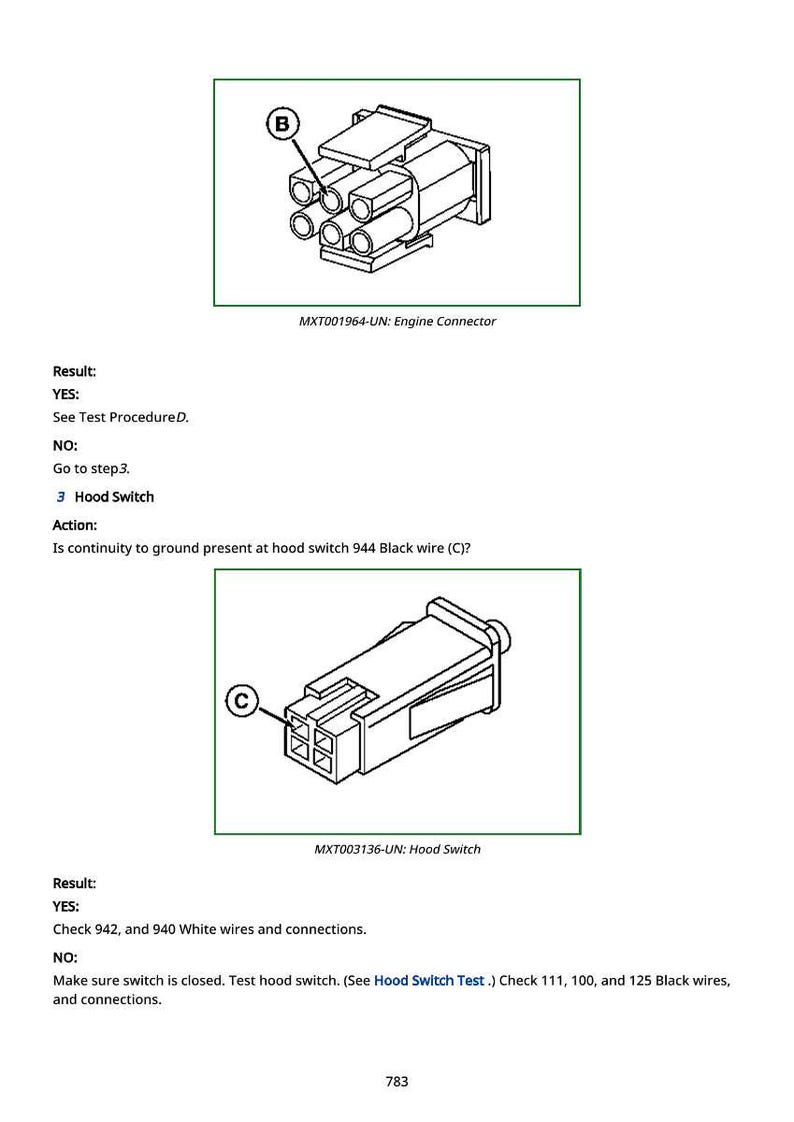 May include: Diagram of two automotive connectors, labeled "Engine Connector" and "Hood Switch." The "Engine Connector" has multiple circular openings. The "Hood Switch" has four square openings. Text provides testing instructions.