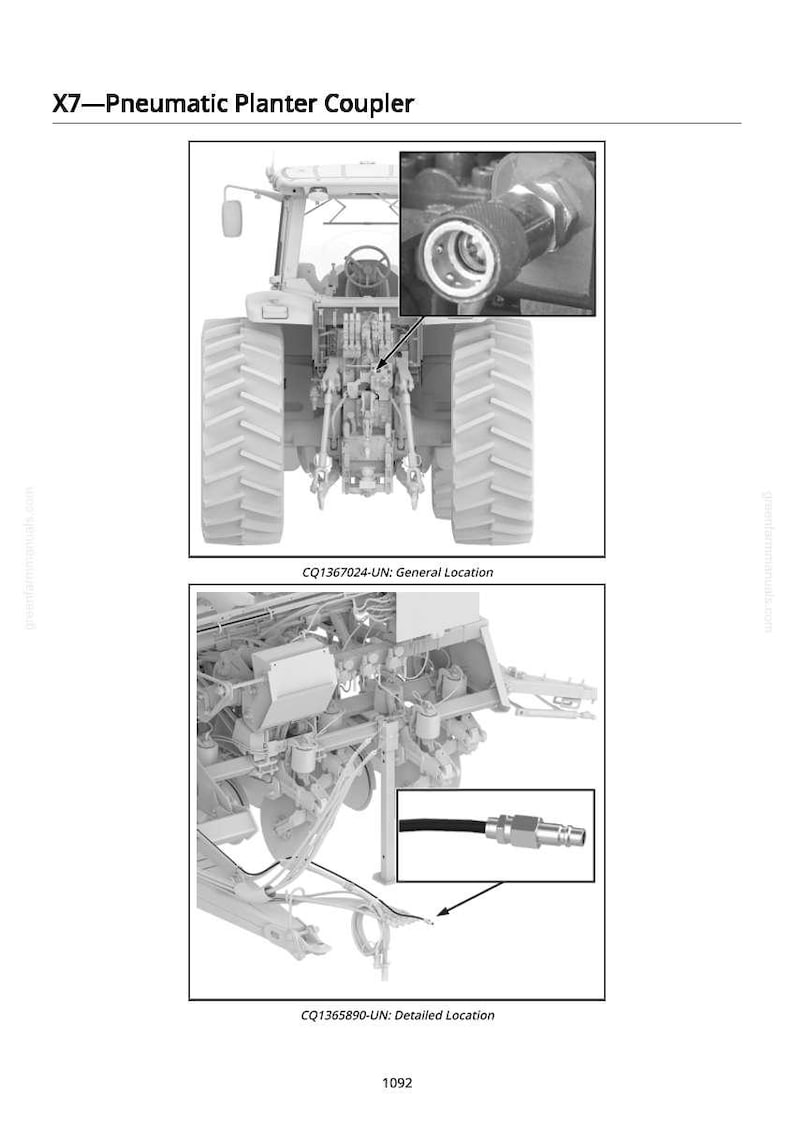 May include: Diagram of an X7-Pneumatic Planter Coupler, showing detailed and general locations. The image includes close-up insets of the coupler and related components. Text on the image reads "X7-Pneumatic Planter Coupler", "CQ1367024-UN: General Location", and "CQ1365890-UN: Detailed Location".