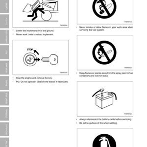 Pode incluir: Instru&ccedil;&otilde;es de seguran&ccedil;a e avisos de perigo de inc&ecirc;ndio para a manuten&ccedil;&atilde;o de tratores. Inclui ilustra&ccedil;&otilde;es de procedimentos de seguran&ccedil;a, como baixar implementos, remover chaves e precau&ccedil;&otilde;es contra inc&ecirc;ndios. Texto: "Safety First - Safety Tips".