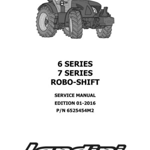 Op de afbeelding: Zwart-wit illustratie van een tractor. De afbeelding bevat de tekst "6 SERIES 7 SERIES ROBO-SHIFT SERVICE MANUAL EDITION 01-2016 P/N 6525454M2" en het Landini-logo.