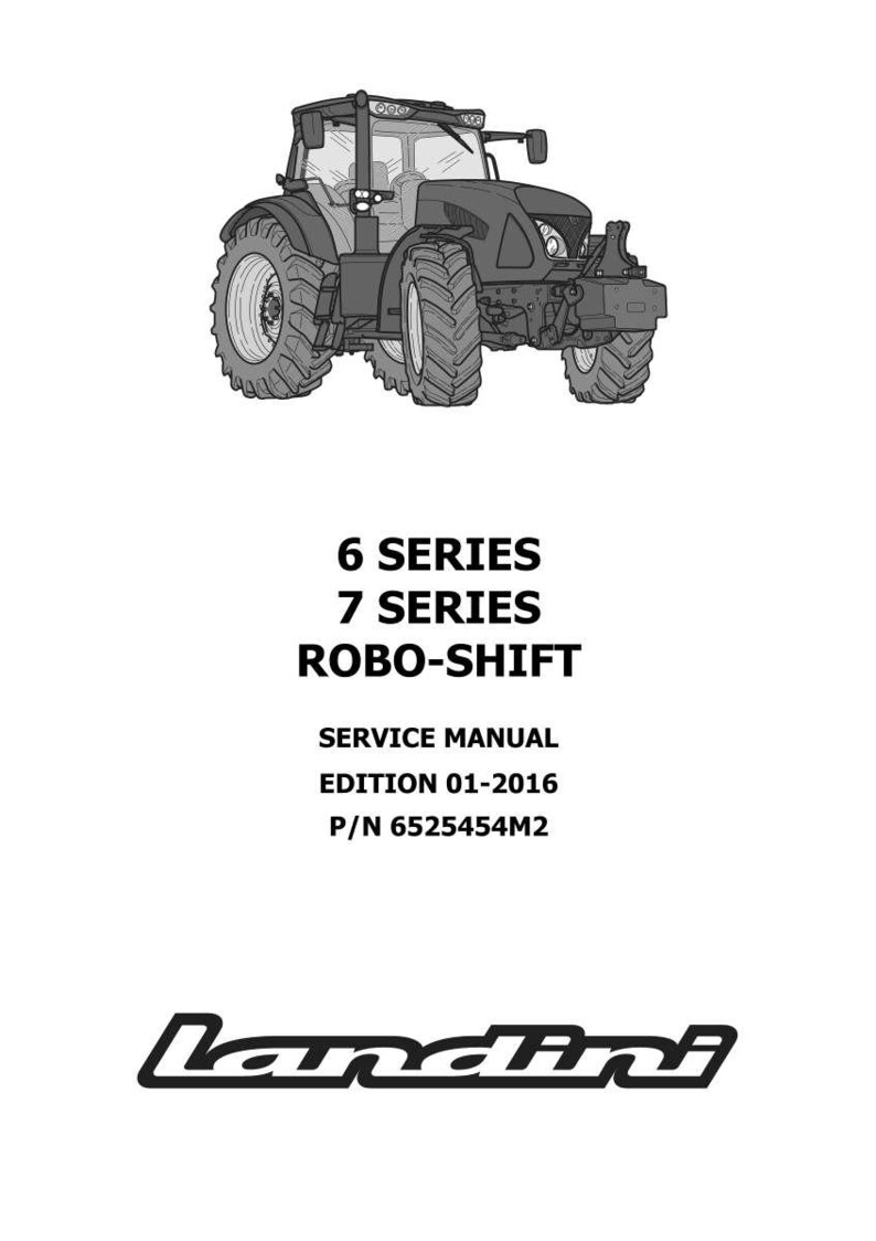 Op de afbeelding: Zwart-wit illustratie van een tractor. De afbeelding bevat de tekst "6 SERIES 7 SERIES ROBO-SHIFT SERVICE MANUAL EDITION 01-2016 P/N 6525454M2" en het Landini-logo.