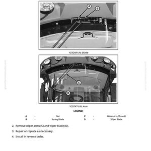 Peut inclure: Diagram illustrant le d&eacute;montage et l'installation d'un essuie-glace. L'image pr&eacute;sente des gros plans des composants de l'essuie-glace, notamment l'&eacute;crou, la lame ressort, le bras d'essuie-glace et la balai d'essuie-glace. Des &eacute;tiquettes et des fl&egrave;ches indiquent les &eacute;tapes.