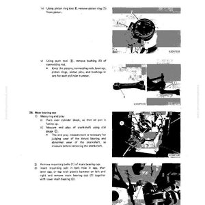 May include: A page from a manual titled "Disassembly and Assembly" with detailed instructions and diagrams for engine components. The images show tools and parts, including piston rings and bushings, with text descriptions.