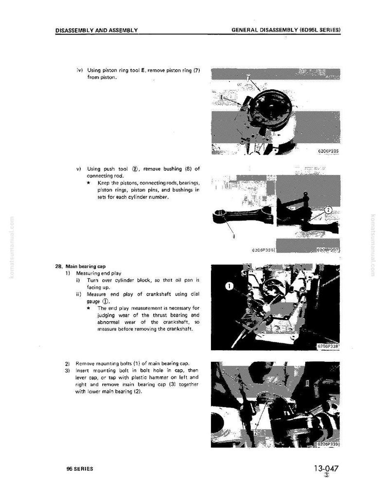 May include: A page from a manual titled "Disassembly and Assembly" with detailed instructions and diagrams for engine components. The images show tools and parts, including piston rings and bushings, with text descriptions.