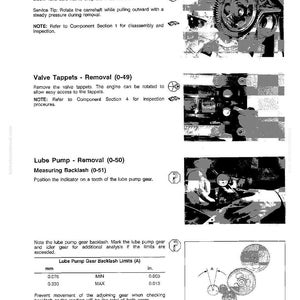 May include: A page from a shop manual detailing engine disassembly and assembly procedures. The manual includes instructions for removing valve tappets and the lube pump, with diagrams and measurements in inches and millimeters.