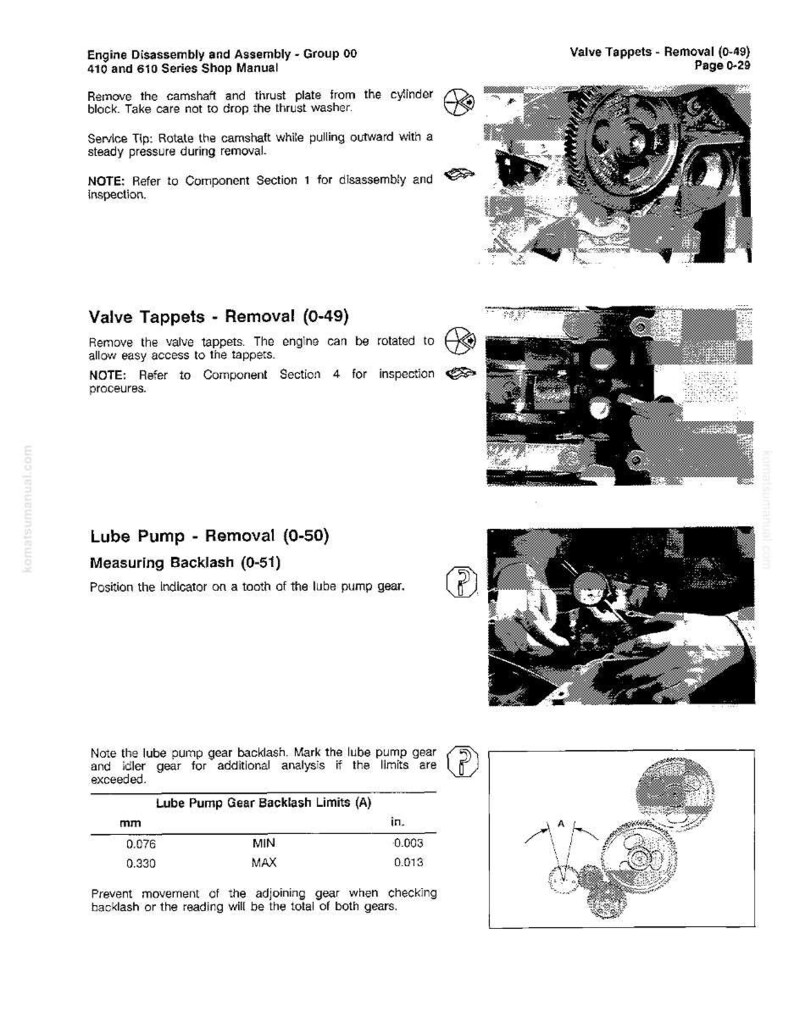 May include: A page from a shop manual detailing engine disassembly and assembly procedures. The manual includes instructions for removing valve tappets and the lube pump, with diagrams and measurements in inches and millimeters.