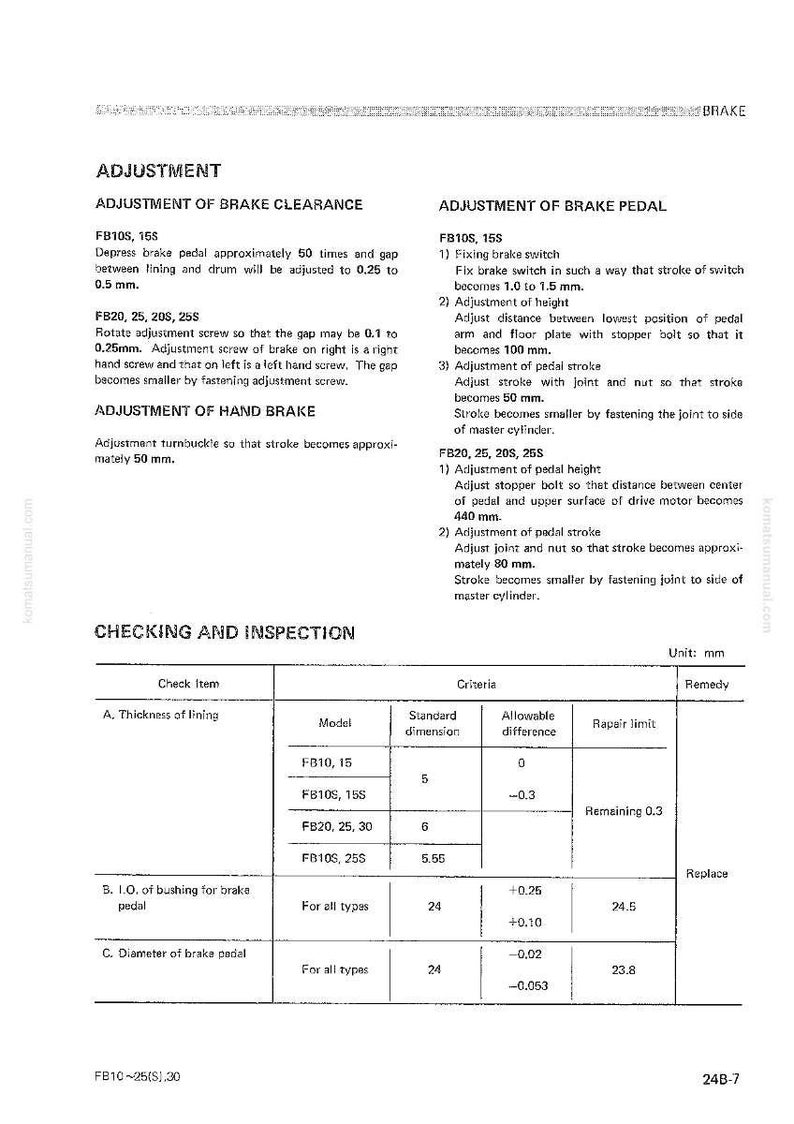 May include: A technical diagram with text detailing brake adjustments and inspections. Includes measurements in millimeters, specifications for brake clearance, pedal adjustments, and lining thickness. The document is from a komatsumanual.com.