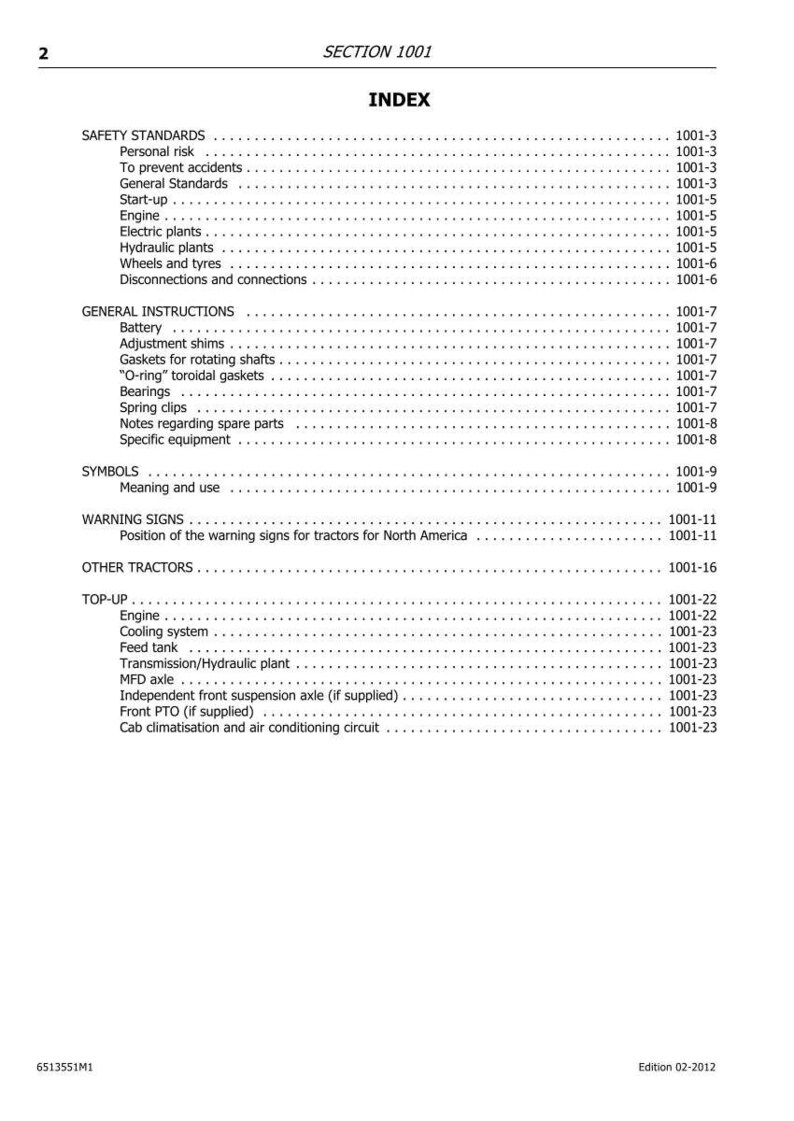 May include: A white document page with the title "SECTION 1001" and an index of topics including safety standards, general instructions, and warning signs. The document is dated 02-2012.