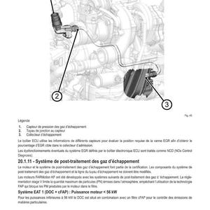 May include: Detailed diagram of an engine component, featuring a pressure sensor, connecting pipe, and exhaust manifold. The image includes French text detailing technical specifications of the engine system.