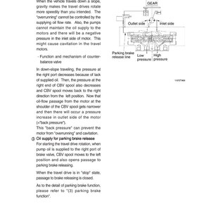 May include: Diagram of a mechanical system with labels like "Outlet side," "Inlet side," and "Parking brake release line." The diagram includes a gear and text describing down-slope travel and oil supply for parking brake release.