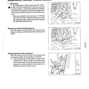 May include: Diagrams and instructions for testing and adjusting hydraulic pressure in work equipment. Includes steps for measuring oil temperature, unload hydraulic pressure, and pump relief oil pressure. Features illustrations of equipment components.