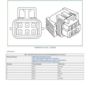 May include: Diagram of an X26 Cab/OOS Chassis Harness to Clutch Assembly Harness Connector. The image includes a wiring diagram with terminal and wire colour information. The connector is a rectangular shape with multiple pins.