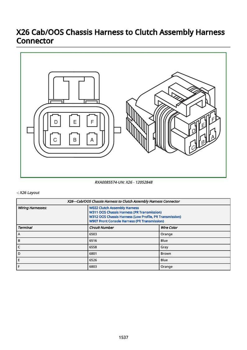 May include: Diagram of an X26 Cab/OOS Chassis Harness to Clutch Assembly Harness Connector. The image includes a wiring diagram with terminal and wire colour information. The connector is a rectangular shape with multiple pins.