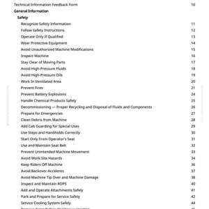 Pode incluir: Uma p&aacute;gina branca intitulada "Tabela de Conte&uacute;dos" de um manual. O texto lista instru&ccedil;&otilde;es de seguran&ccedil;a, incluindo "Usar equipamento de prote&ccedil;&atilde;o" e "Evitar fluidos de alta press&atilde;o". Os n&uacute;meros das p&aacute;ginas est&atilde;o &agrave; direita.