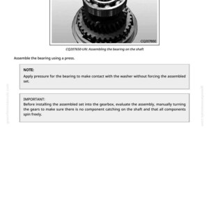 May include: Technical diagram showing a bearing assembly with gears and a central bearing. The image includes text: CQ207650-UN: Assembling the bearing on the shaft. Instructions are provided for assembly and installation.