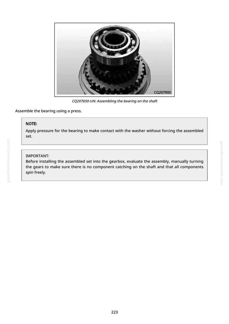 May include: Technical diagram showing a bearing assembly with gears and a central bearing. The image includes text: CQ207650-UN: Assembling the bearing on the shaft. Instructions are provided for assembly and installation.