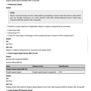 May include: A page from a manual detailing troubleshooting steps for an engine speed signal issue, including preliminary checks, sensor circuit checks, and oil pressure circuit checks. The text includes specific service codes and instructions.