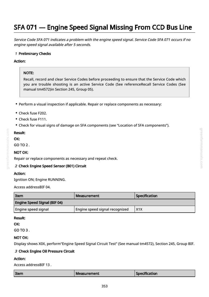 May include: A page from a manual detailing troubleshooting steps for an engine speed signal issue, including preliminary checks, sensor circuit checks, and oil pressure circuit checks. The text includes specific service codes and instructions.