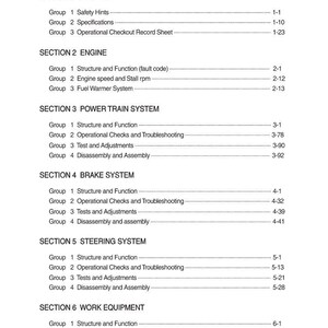 May include: A detailed contents page from a manual, listing sections such as General, Engine, Power Train System, Brake System, Steering System, and Work Equipment. The text is black on a white background, with page numbers.
