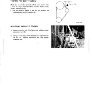 Puede incluir: Diagrama t&eacute;cnico de un manual que detalla el sistema de refrigeraci&oacute;n, espec&iacute;ficamente la prueba y el ajuste de la tensi&oacute;n de la correa del ventilador. Incluye un diagrama que muestra la deflexi&oacute;n de la correa de 10 mm con una fuerza de aproximadamente 6 kg.