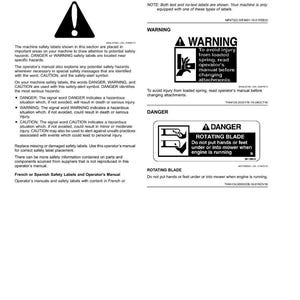 May include: A white page with safety information, including warning symbols and text. The page includes the text "Safety Labels with Text" and warnings about potential hazards, such as rotating blades and loaded springs.