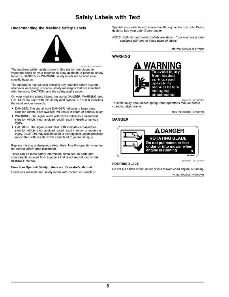 May include: A white page with safety information, including warning symbols and text. The page includes the text "Safety Labels with Text" and warnings about potential hazards, such as rotating blades and loaded springs.