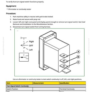 Puede incluir: Diagrama de una prueba del interruptor de se&ntilde;al de giro, que incluye instrucciones y un diagrama de cableado. El texto detalla el motivo de la prueba, el equipo necesario y un procedimiento paso a paso. El diagrama muestra el interruptor con etiquetas.