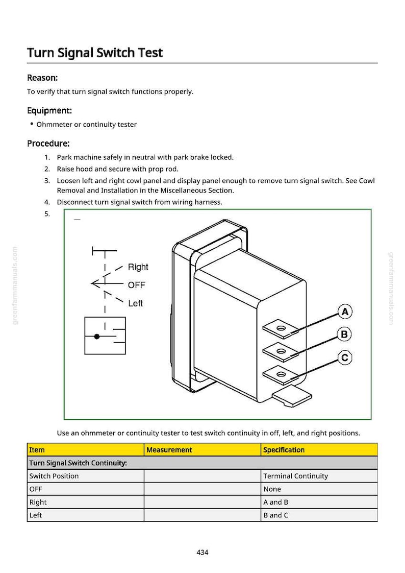 Puede incluir: Diagrama de una prueba del interruptor de se&ntilde;al de giro, que incluye instrucciones y un diagrama de cableado. El texto detalla el motivo de la prueba, el equipo necesario y un procedimiento paso a paso. El diagrama muestra el interruptor con etiquetas.