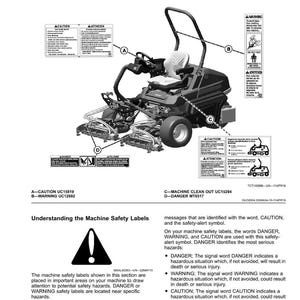 Pu&ograve; includere: Diagramma di un tosaerba con etichette di sicurezza e testo. Le etichette includono i simboli "CAUTION", "WARNING" e "DANGER", con spiegazioni dei potenziali pericoli e istruzioni di sicurezza. Il testo spiega il significato delle etichette.