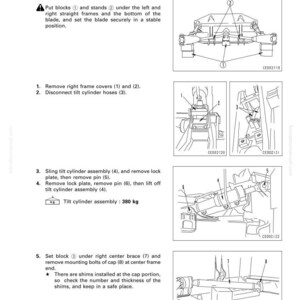 May include: Diagram of blade assembly disassembly instructions. Text includes steps for removing parts, with illustrations of each step. The tilt cylinder assembly weighs 837.76 pounds. The document is labeled with the code D375A-3AD.