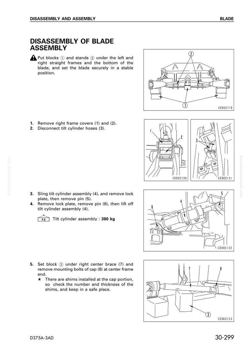 May include: Diagram of blade assembly disassembly instructions. Text includes steps for removing parts, with illustrations of each step. The tilt cylinder assembly weighs 837.76 pounds. The document is labeled with the code D375A-3AD.