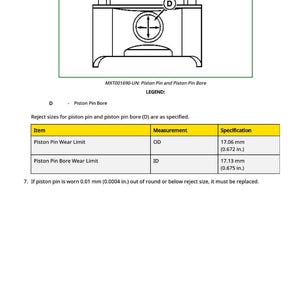 May include: Technical diagram of a piston pin and piston pin bore, with measurements in inches and millimeters. The image includes a diagram of the piston and a table with wear limits. Text includes "MXT001690-UN" and "Piston Pin Bore".